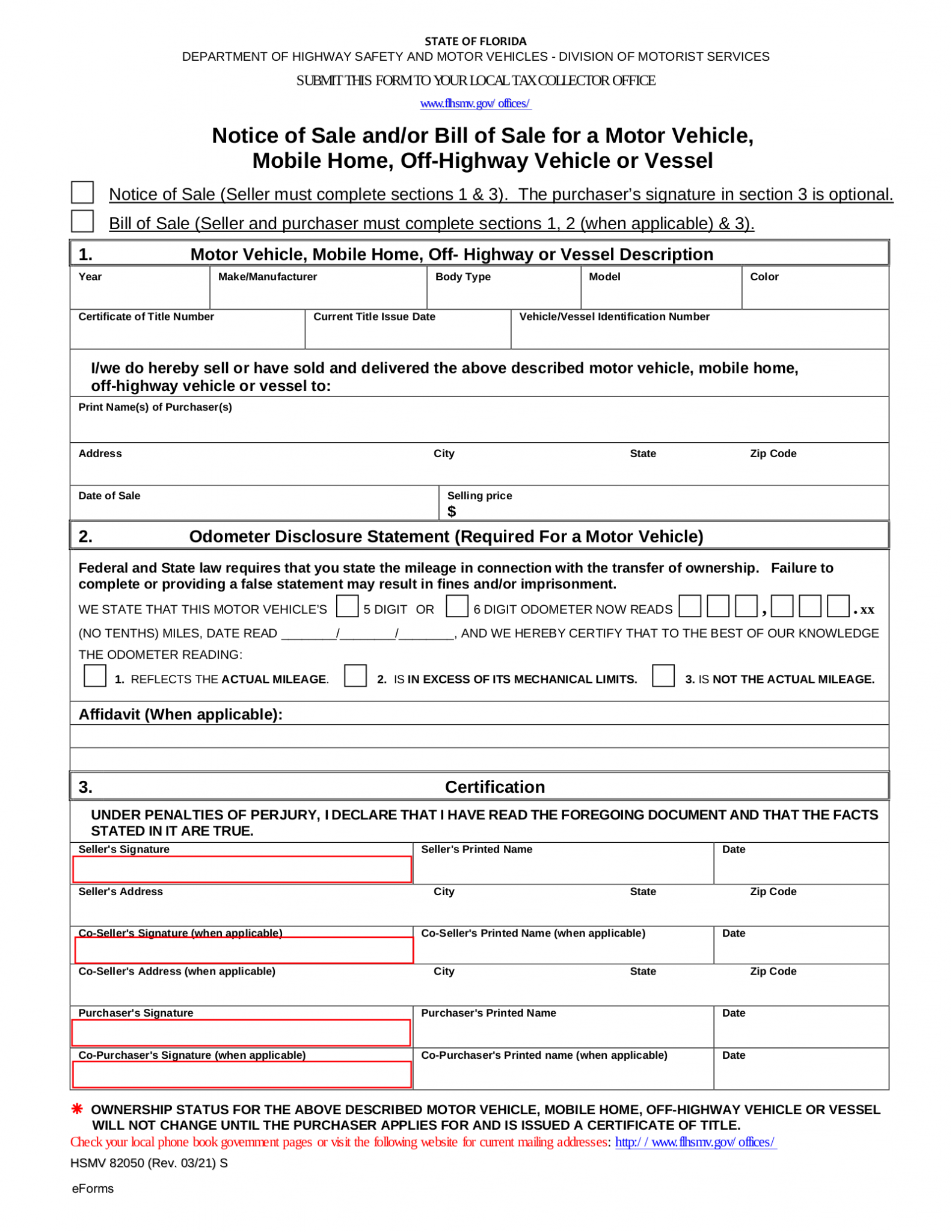 Free Florida Vehicle/Boat Bill of Sale Form HSMV 82050 PDF eForms