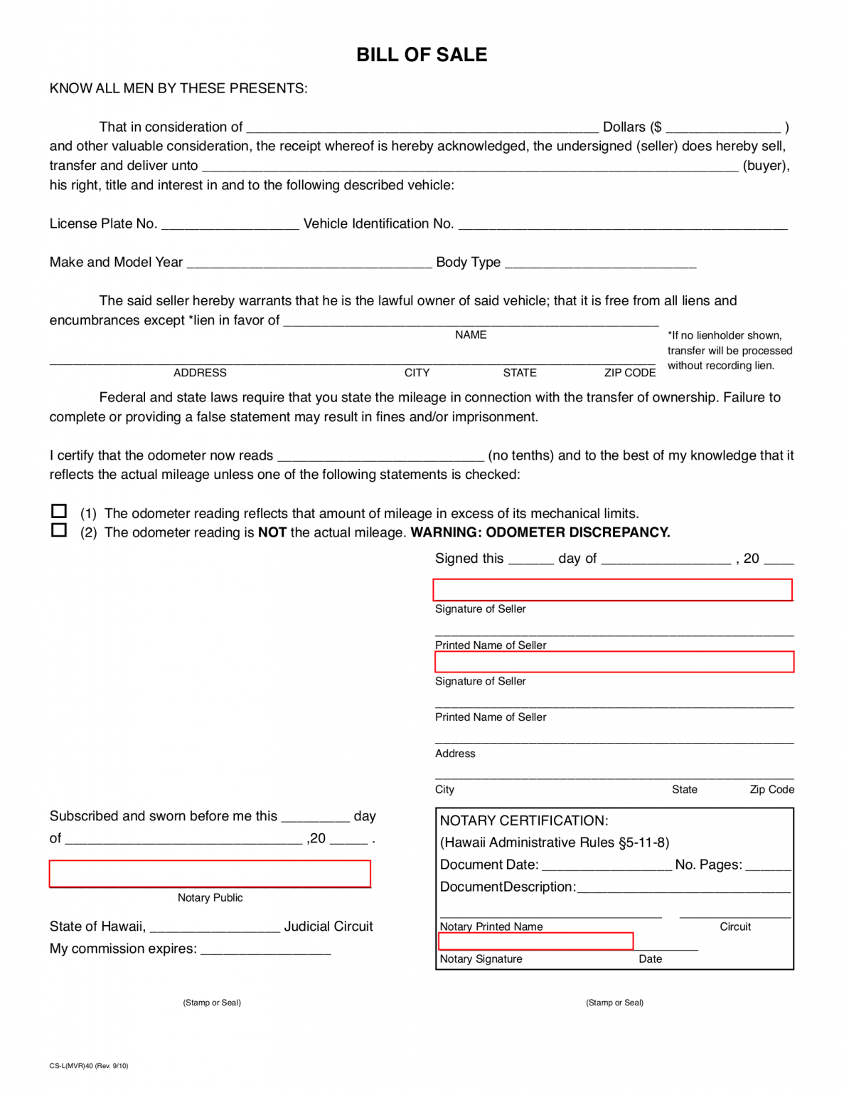 Hawaii Motorkjøretøy Regning For Salg / Skjema CS-L (MVR)40-eForms 