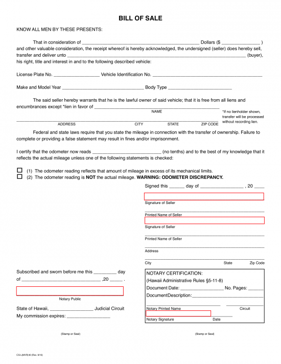 Hawaii Motor Vehicle Bill of Sale | Form CS-L(MVR)40