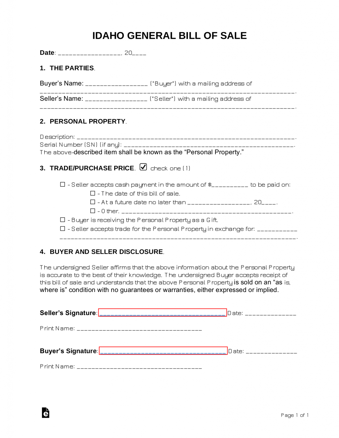 Free Idaho General Bill of Sale Form PDF Word eForms