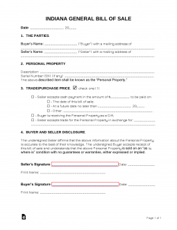 Indiana General Bill of Sale Form