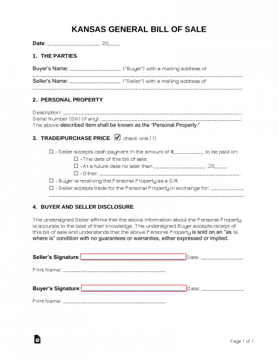 Kansas General Bill of Sale Form