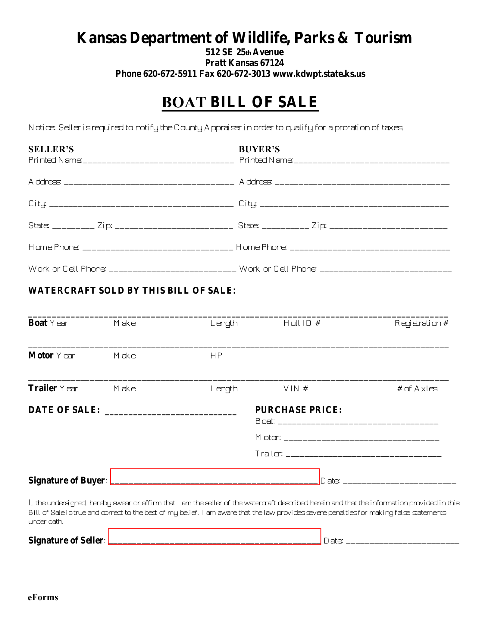 Free Kansas Boat Bill Of Sale PDF EForms