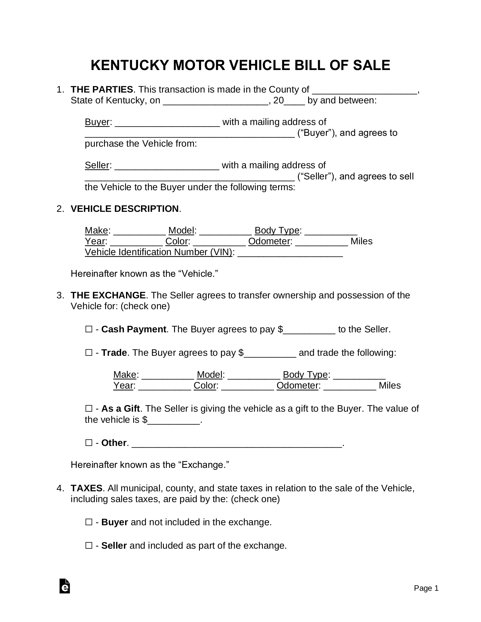 Kentucky Motor Vehicle Bill of Sale Form