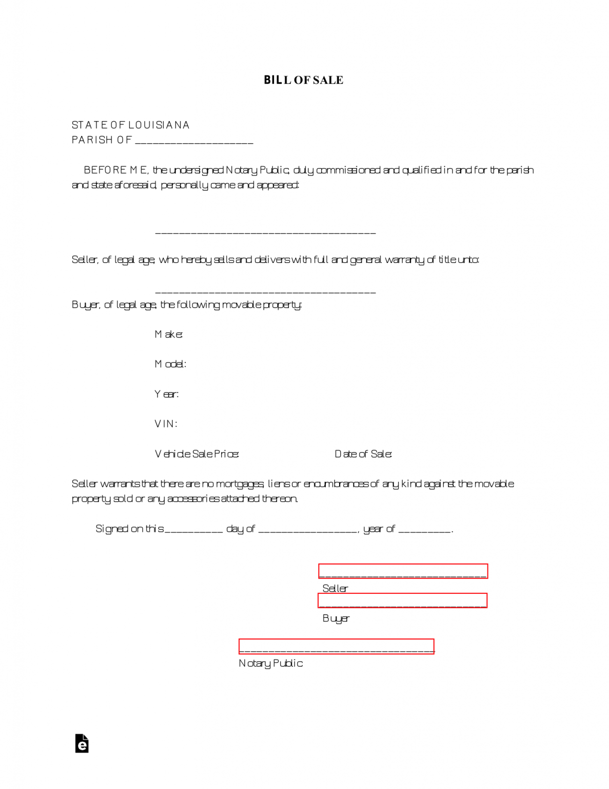 Free Louisiana Motor Vehicle Bill of Sale Form - PDF – eForms