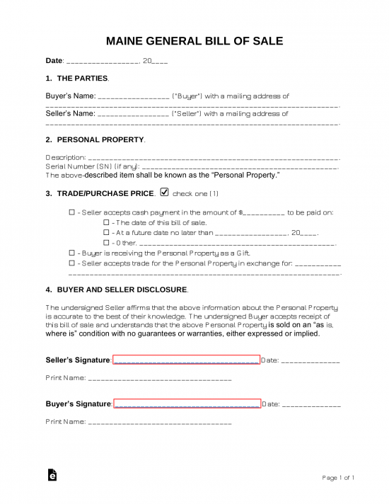 Maine General Bill of Sale Form