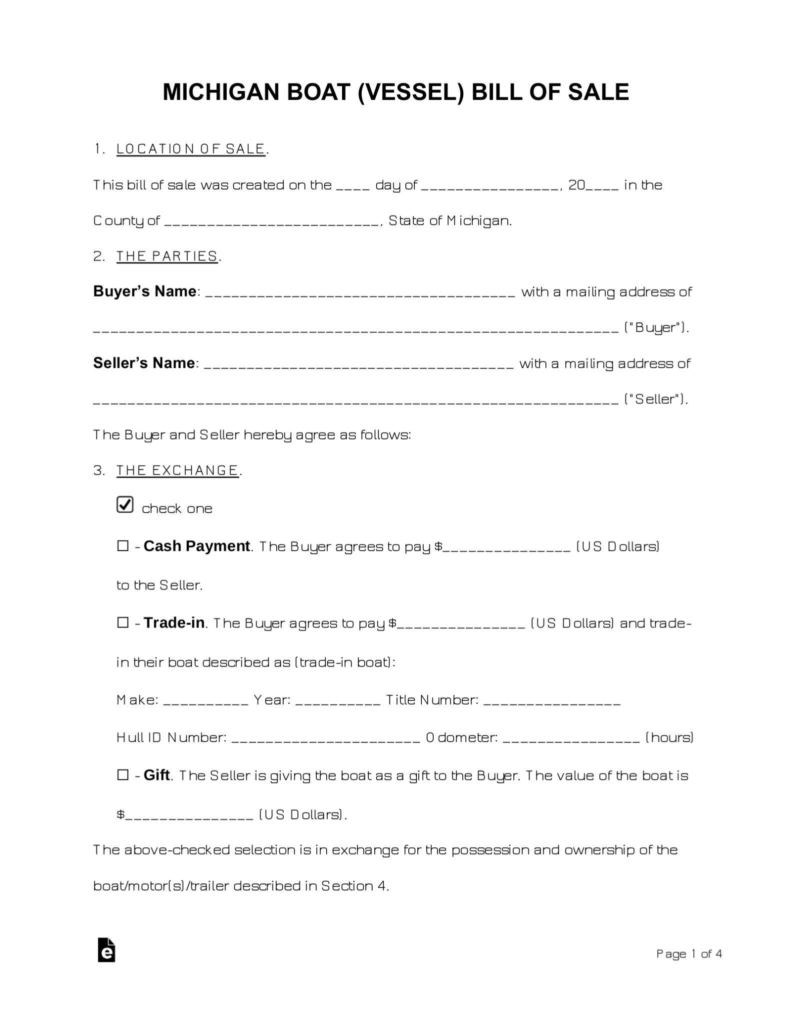 Free Michigan Boat Bill of Sale Form PDF Word eForms