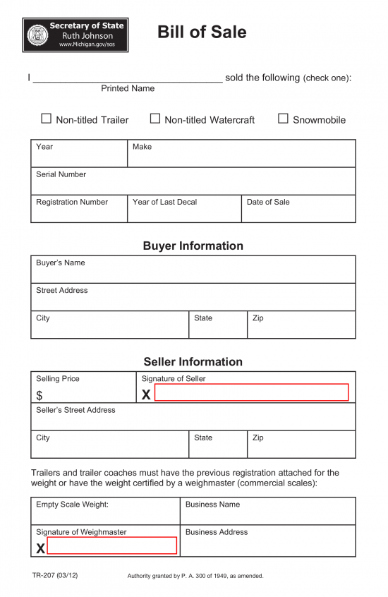 Michigan Trailer/Watercraft/Snowmobile Bill of Sale | Form TR-207