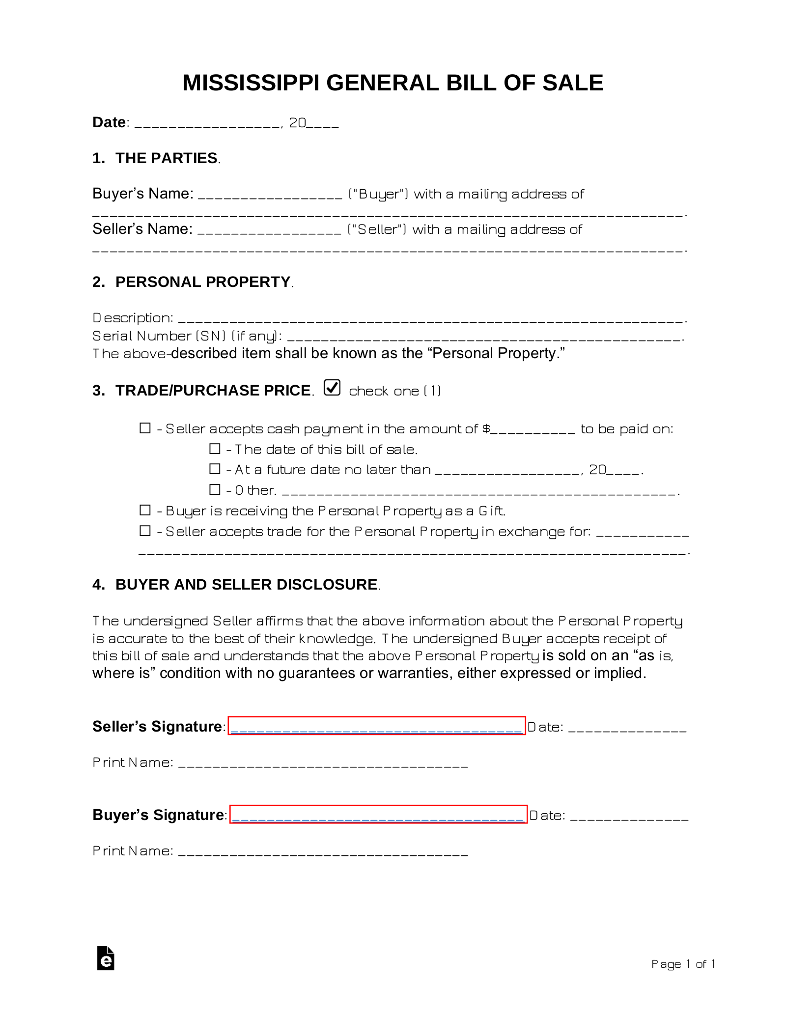 Free Mississippi General Bill of Sale Form Word PDF eForms