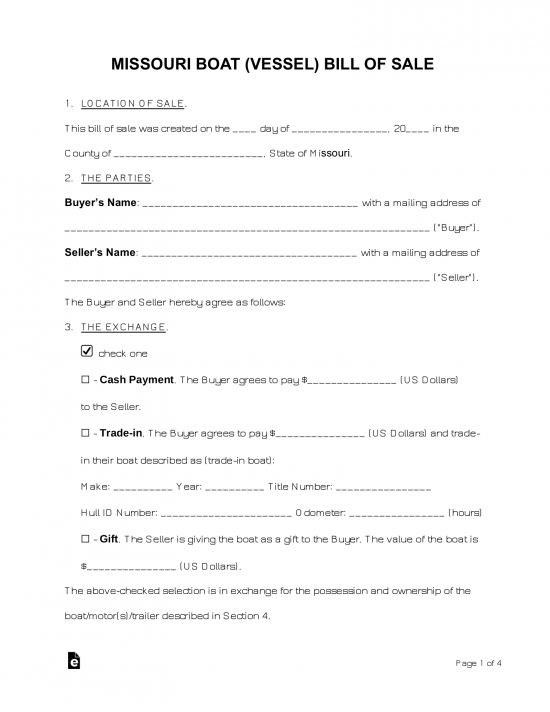 free missouri boat bill of sale form word pdf eforms