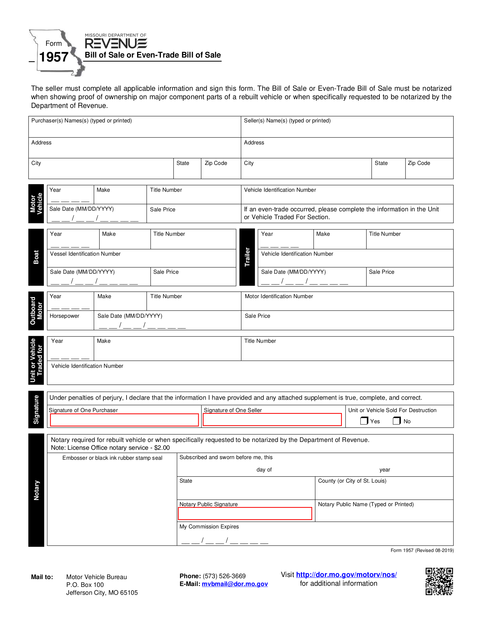 Missouri Motor Vehicle Bill of Sale | Form 1957