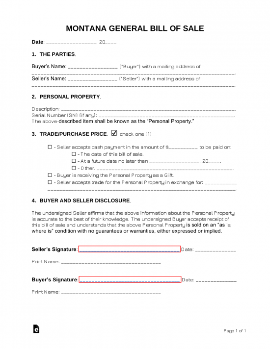 Montana Bill of Sale Forms – eForms