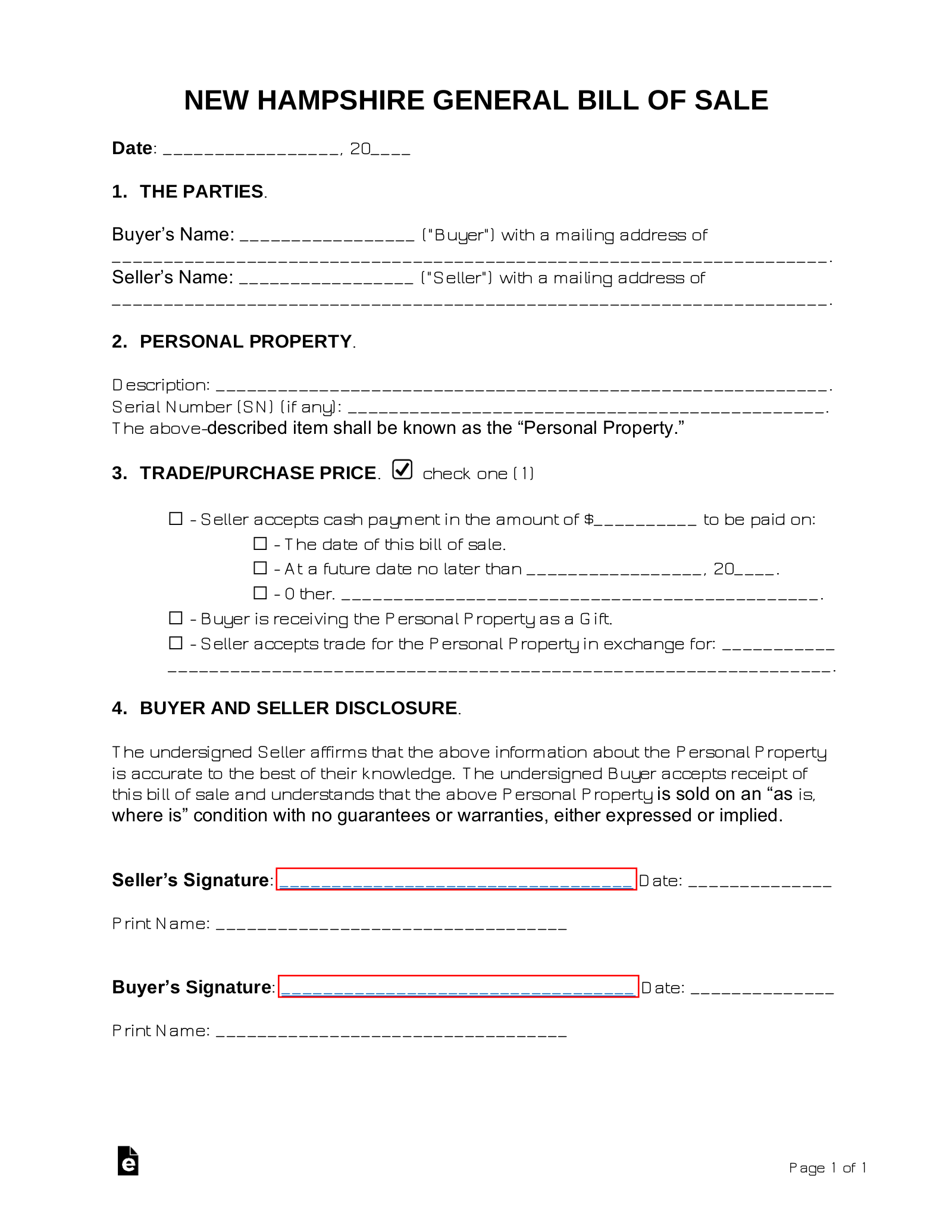 New Hampshire General Bill of Sale Form