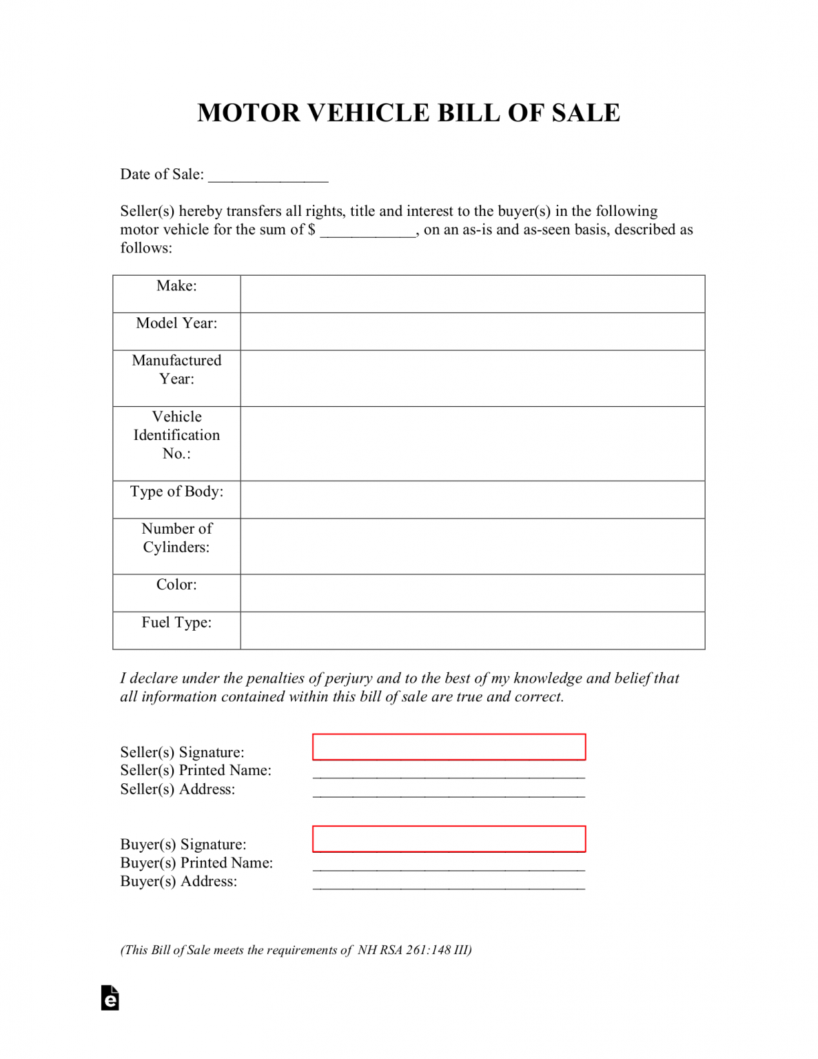 free new hampshire motor vehicle bill of sale form pdf eforms