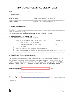 New Jersey General Bill  of Sale Form