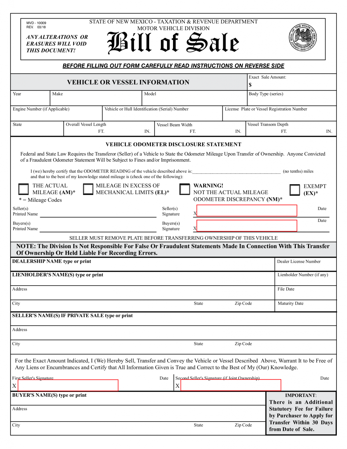 New Mexico Vehicle/Boat Bill of Sale | Form MVD-10009 – eForms