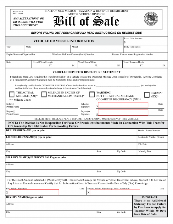 New Mexico Vehicle/Boat Bill of Sale | Form MVD-10009