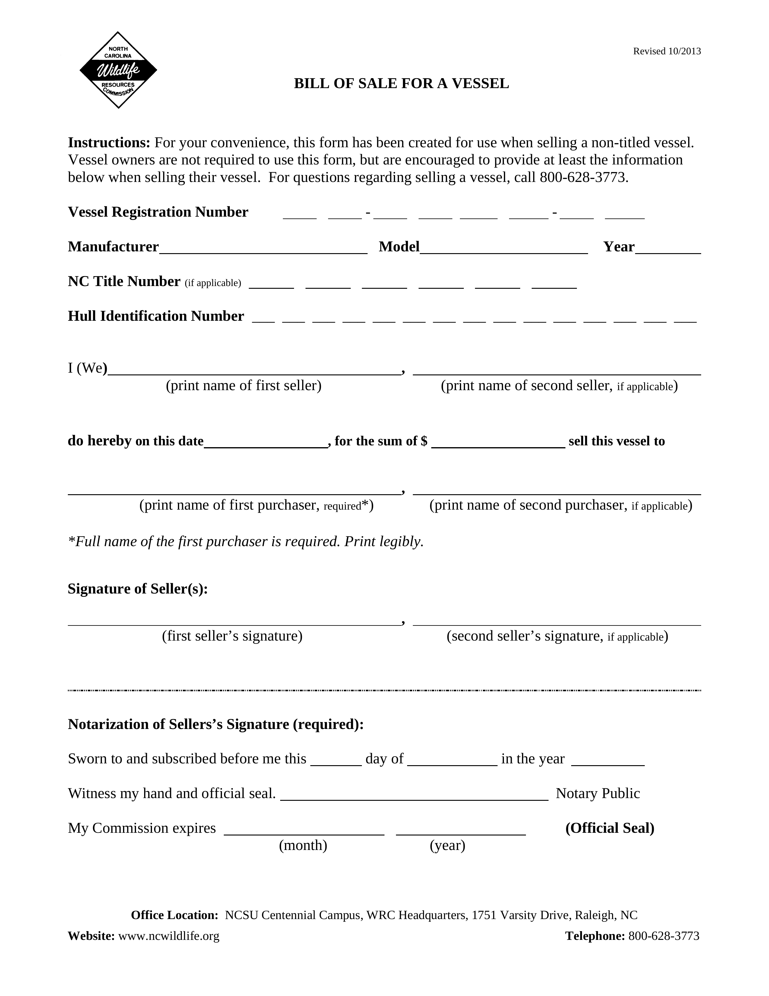 Free North Carolina Vessel Bill Of Sale Form PDF EForms Free 