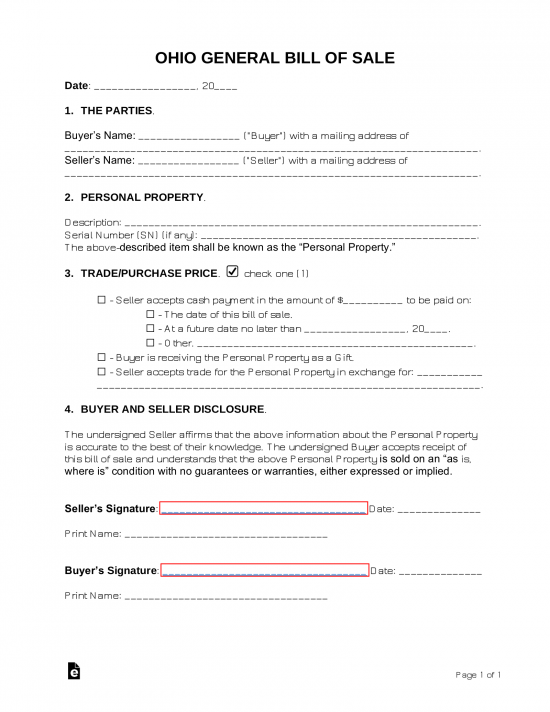 Ohio General Bill of Sale Form