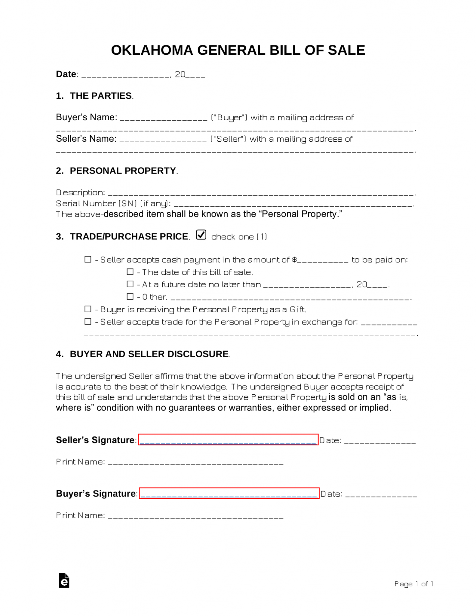 Free Oklahoma General Bill of Sale Form PDF Word eForms