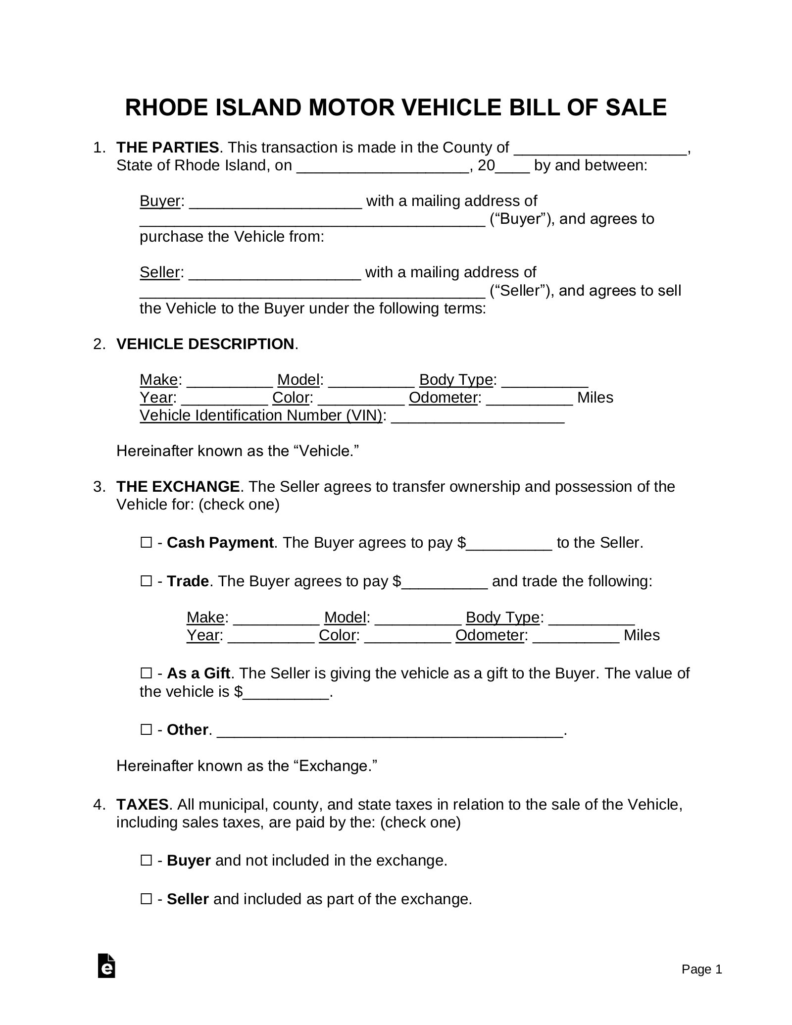 Rhode Island Motor Vehicle Bill of Sale Form