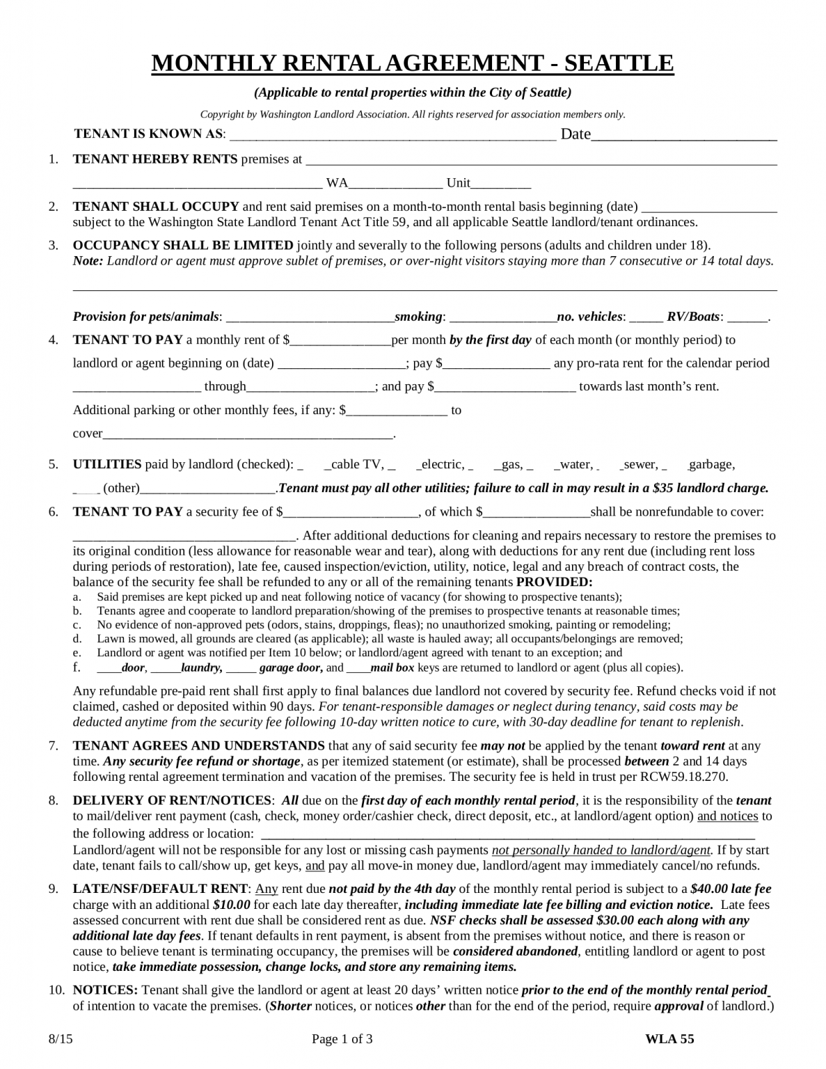 free seattle washington month to month rental agreement form pdf