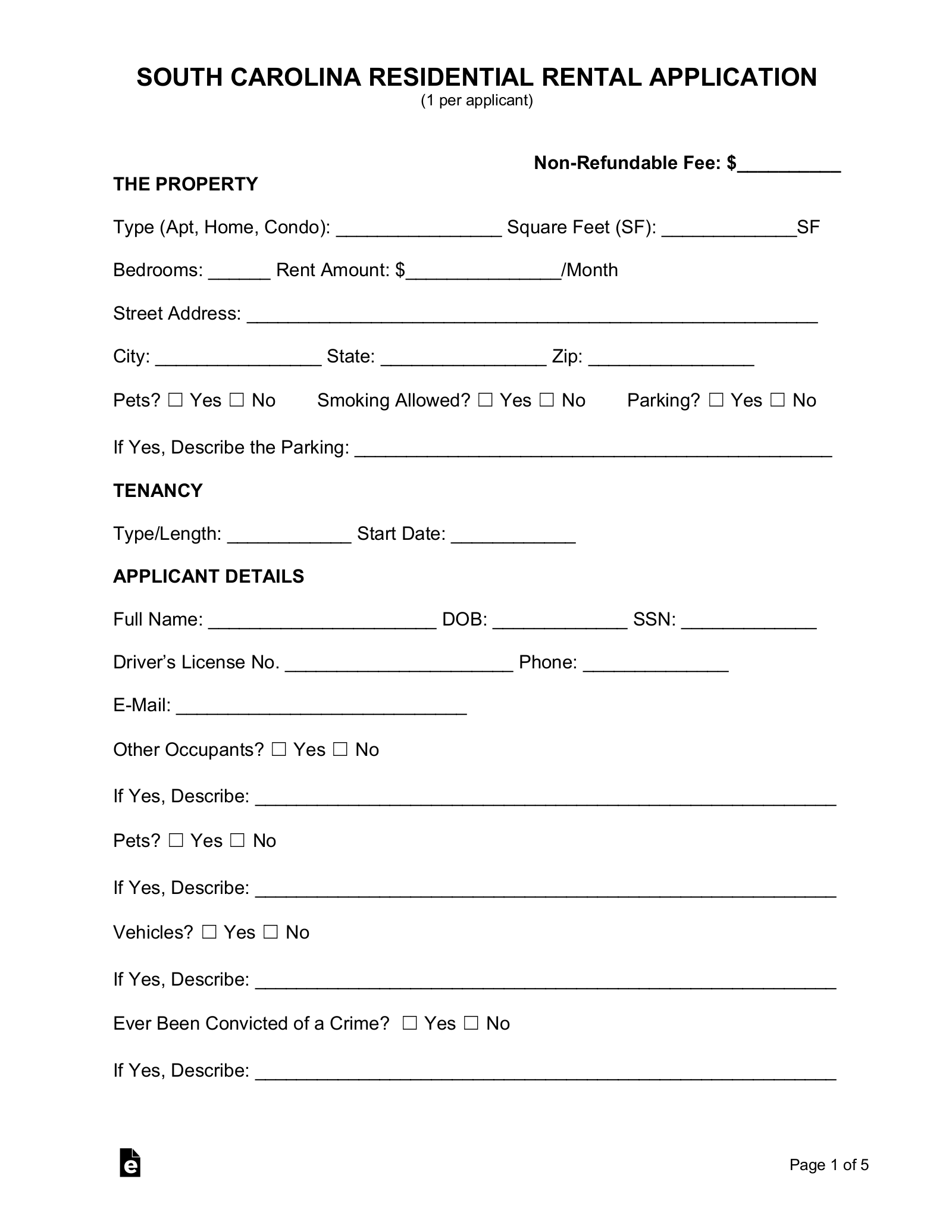 South Carolina Rental Application Form