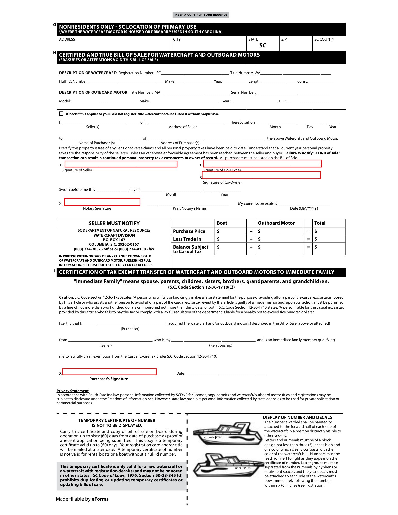 South Carolina Boat Bill of Sale Form