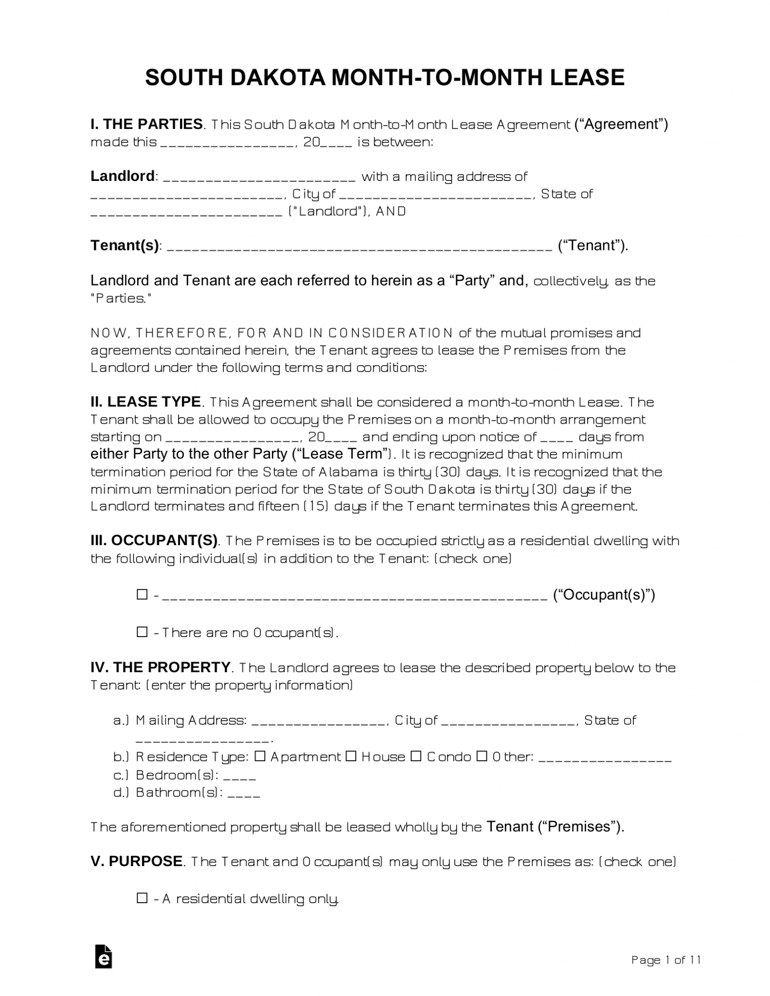 Free South Dakota MonthtoMonth Lease Agreement Template PDF Word eForms
