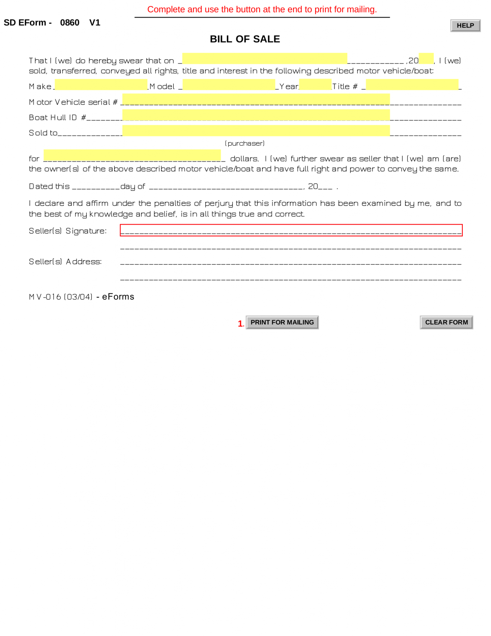 South Dakota Motor Vehicle Boat Bill Of Sale Form Mv 016