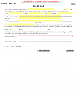 South Dakota Motor Vehicle/Boat Bill of Sale | Form MV-016