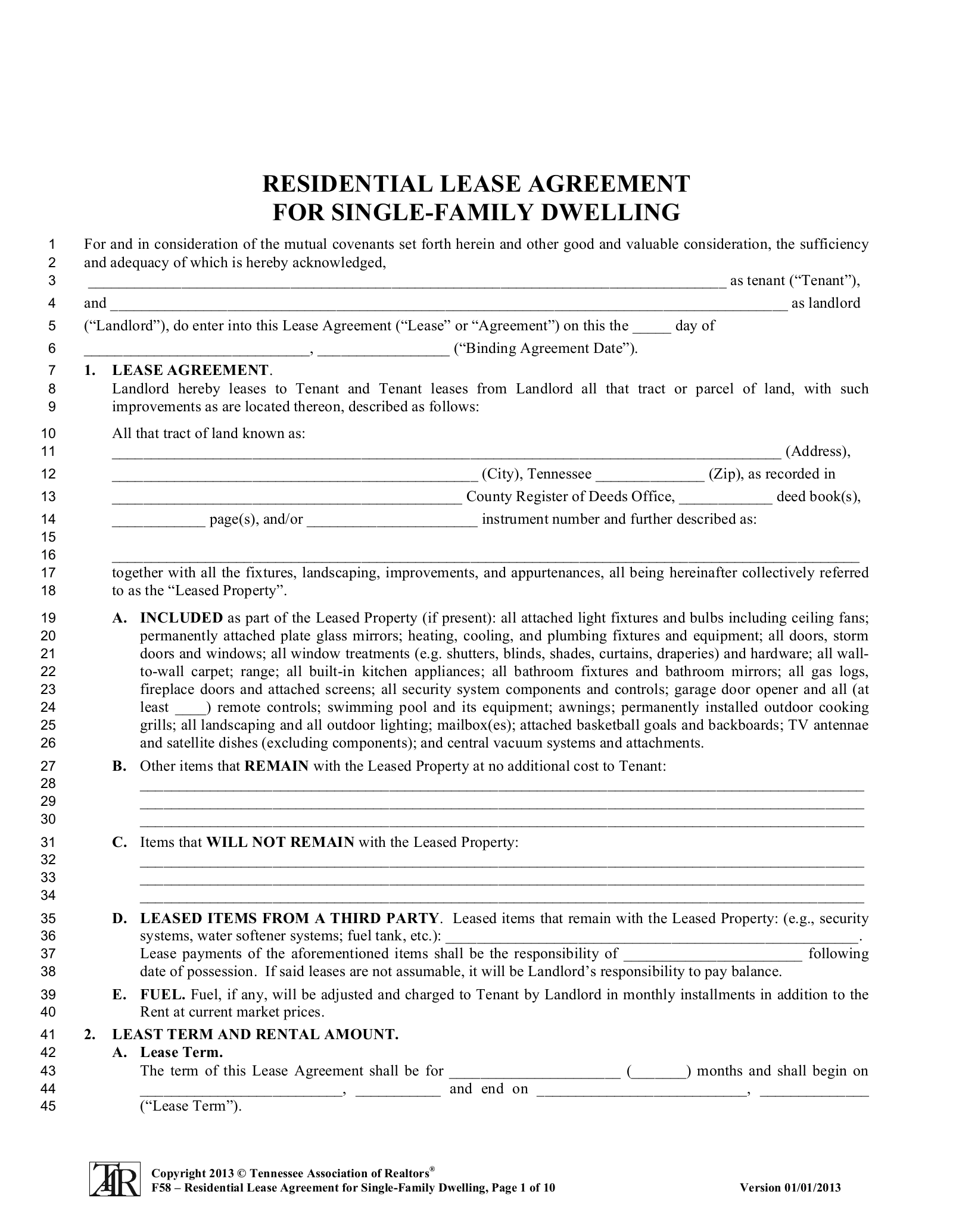 Free Tennessee Association Of Realtors Residential Lease Agreement Form Pdf Eforms