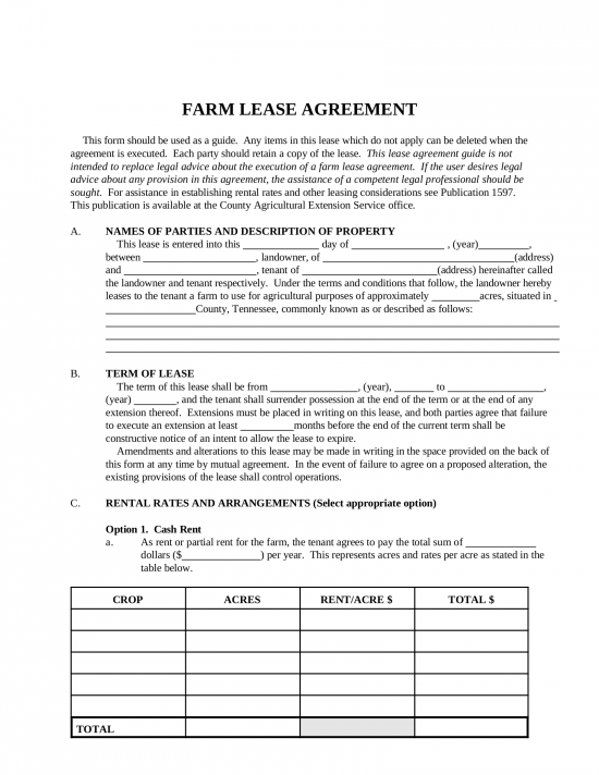 Tennessee Farm Lease Agreement Template