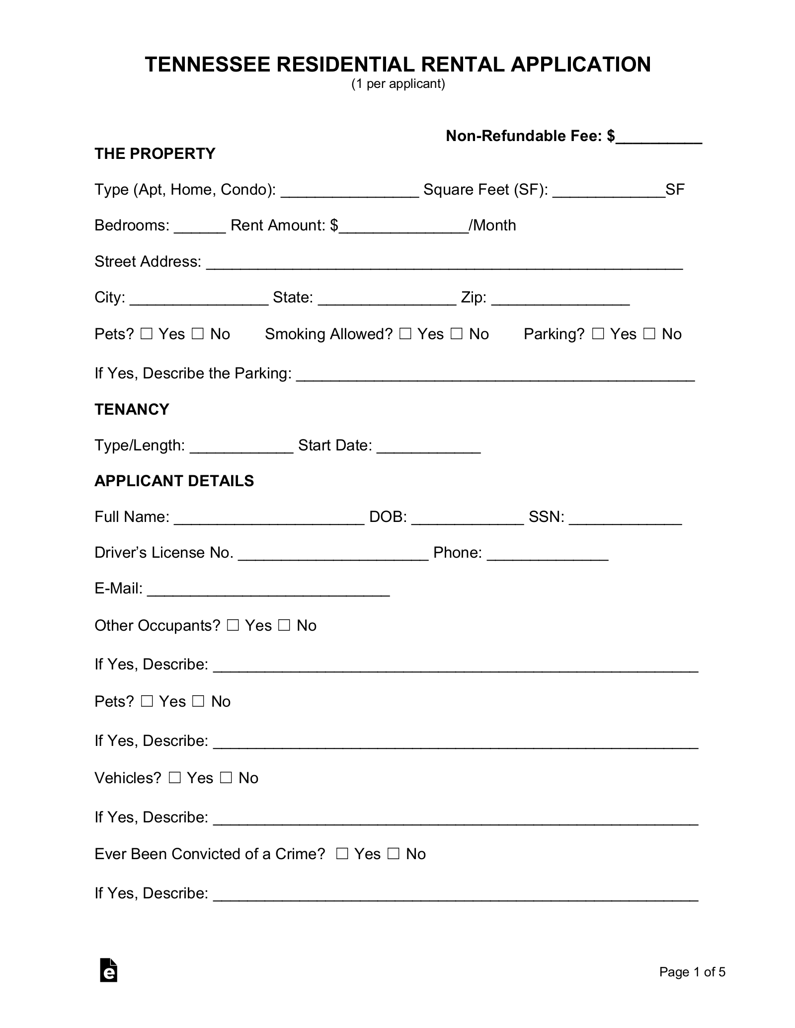 Tennessee Rental Application Form