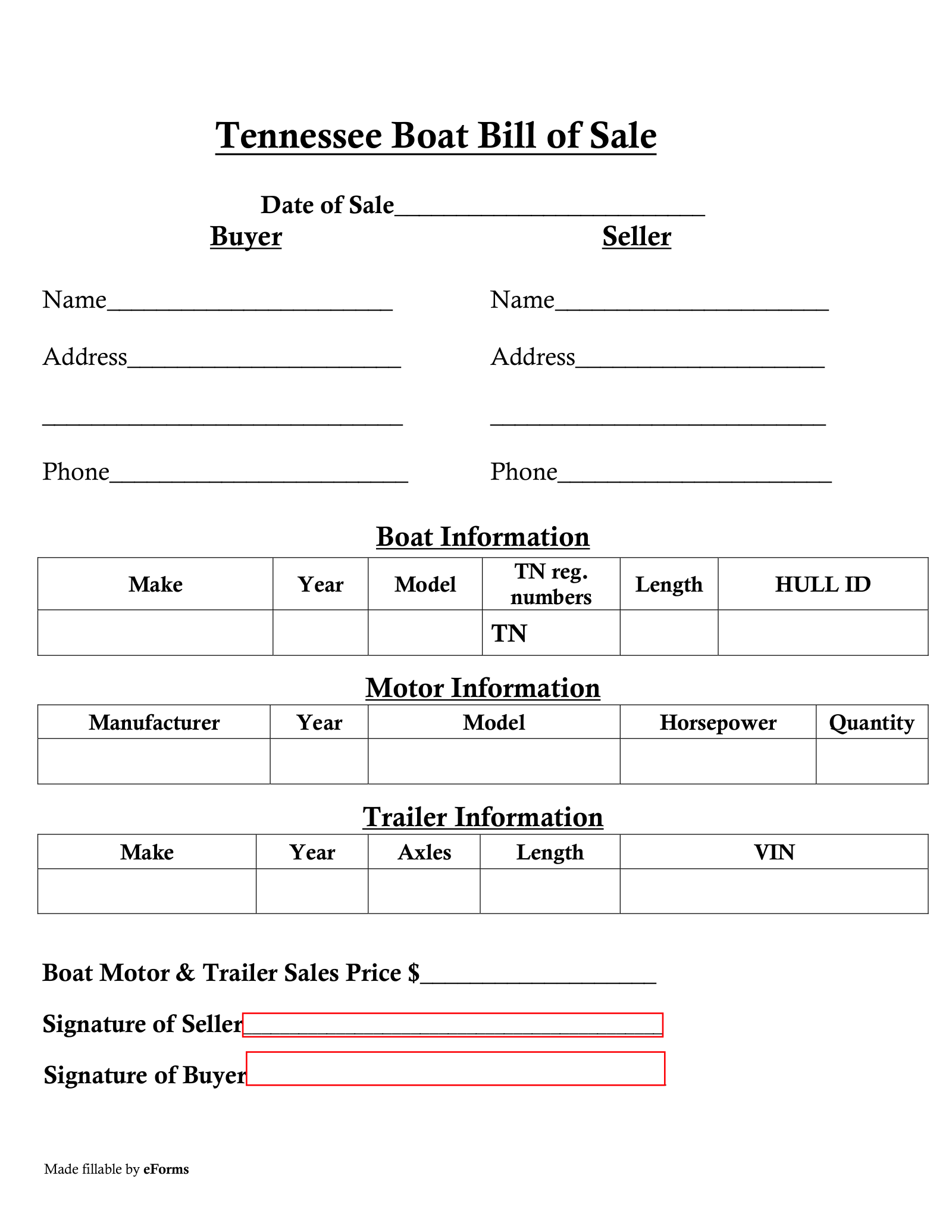 Free Tennessee Boat Bill Of Sale Form Pdf Eforms