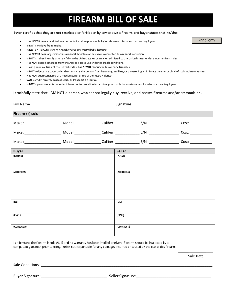 free texas firearm bill of sale form pdf eforms