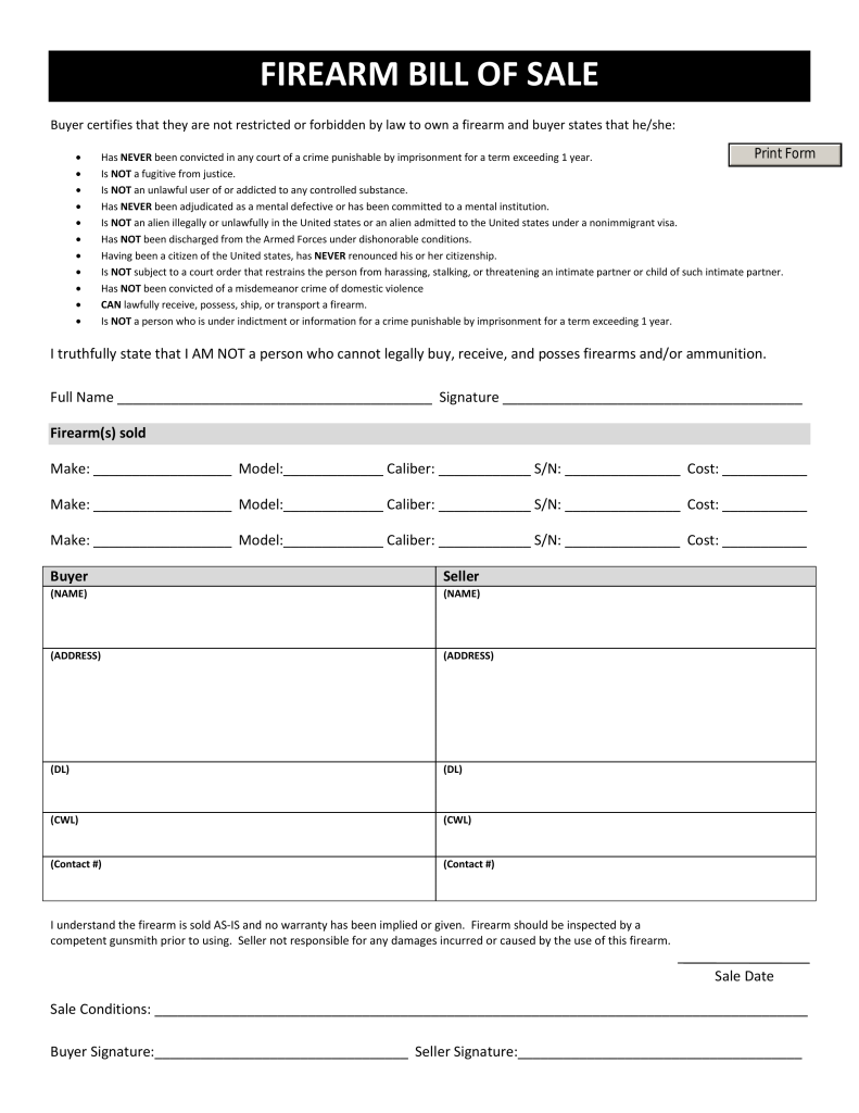 Free Texas Firearm Bill Of Sale Form PDF EForms