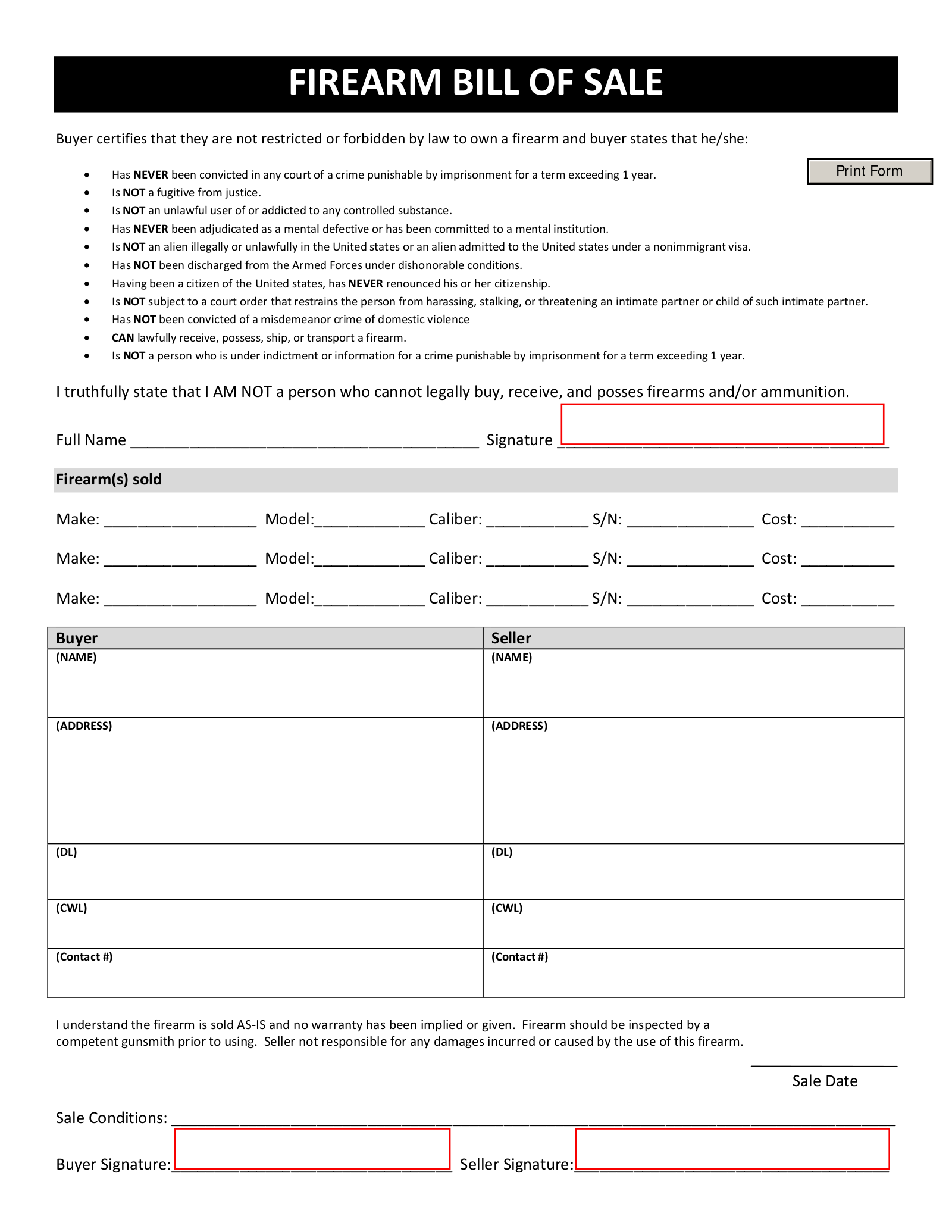 Free Texas Firearm Bill of Sale Form PDF eForms