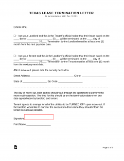 Texas Lease Termination Letter Form | 30-Day Notice