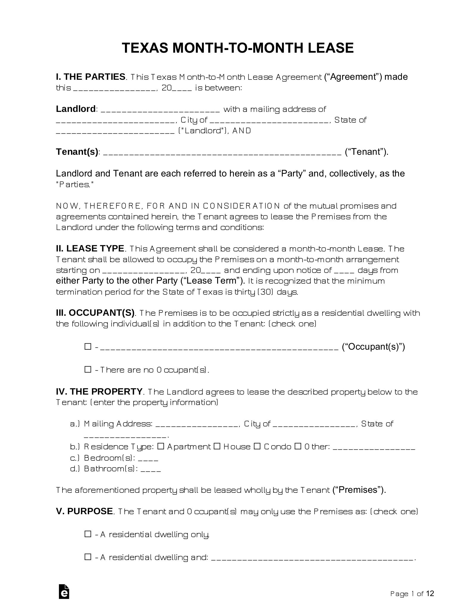 Free Texas Month to Month Lease Agreement Template PDF Word EForms