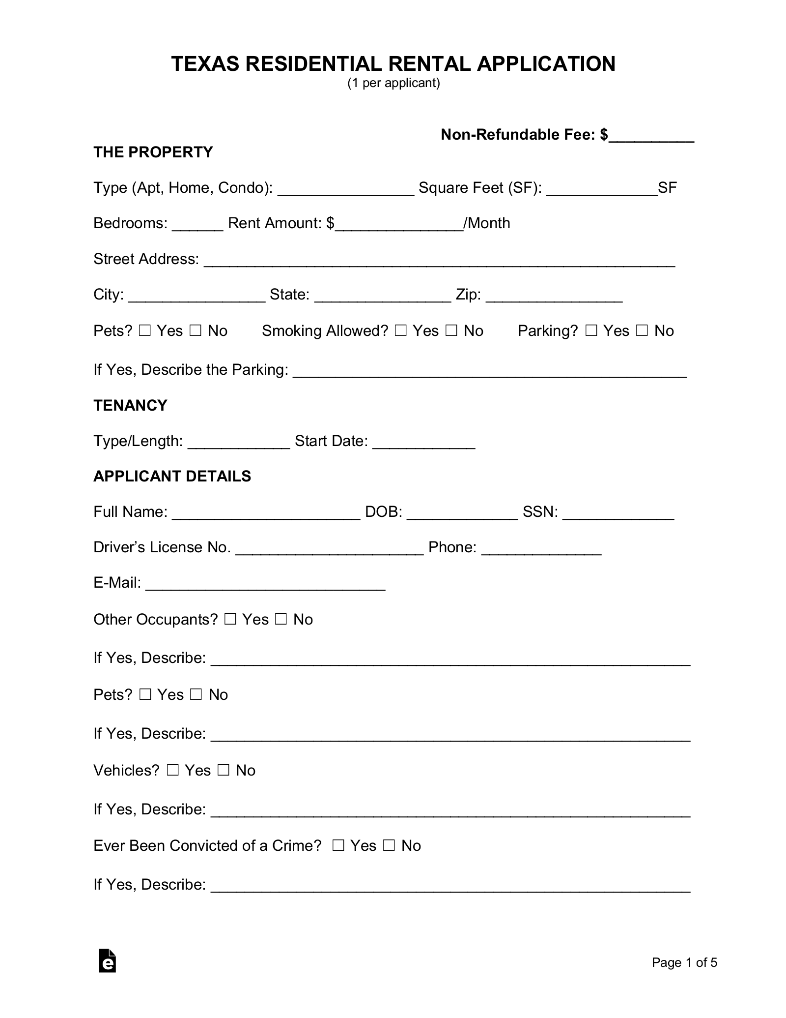 Texas Rental Application Form