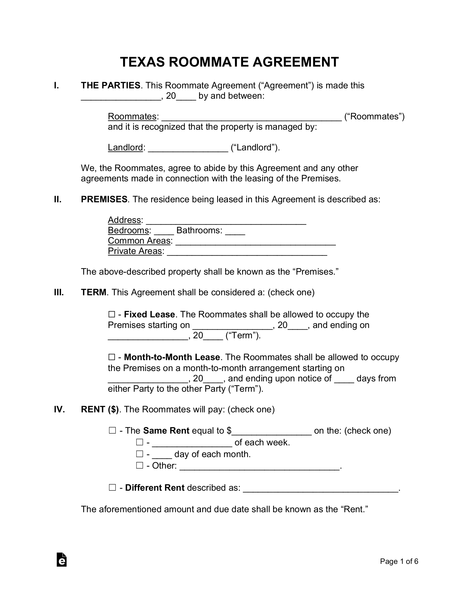 Free Texas Roommate Agreement Template PDF eForms