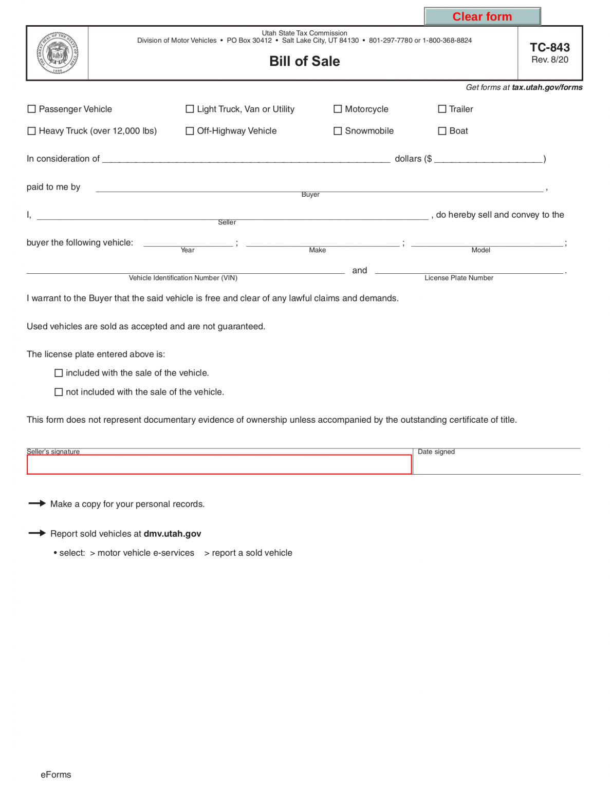 Free Utah Motor Vehicle Bill of Sale | Form TC-843 - PDF – eForms