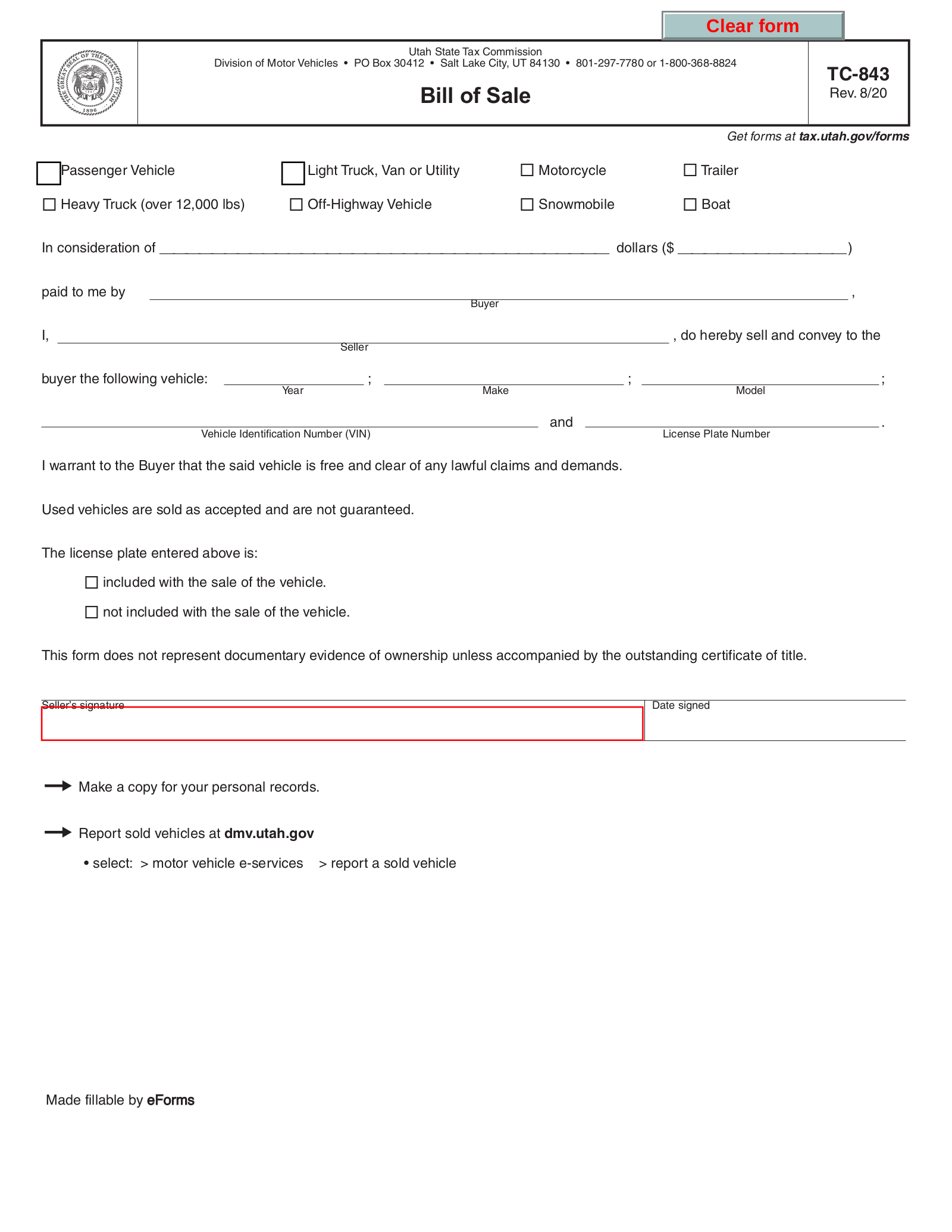 free utah boat bill of sale form pdf eforms