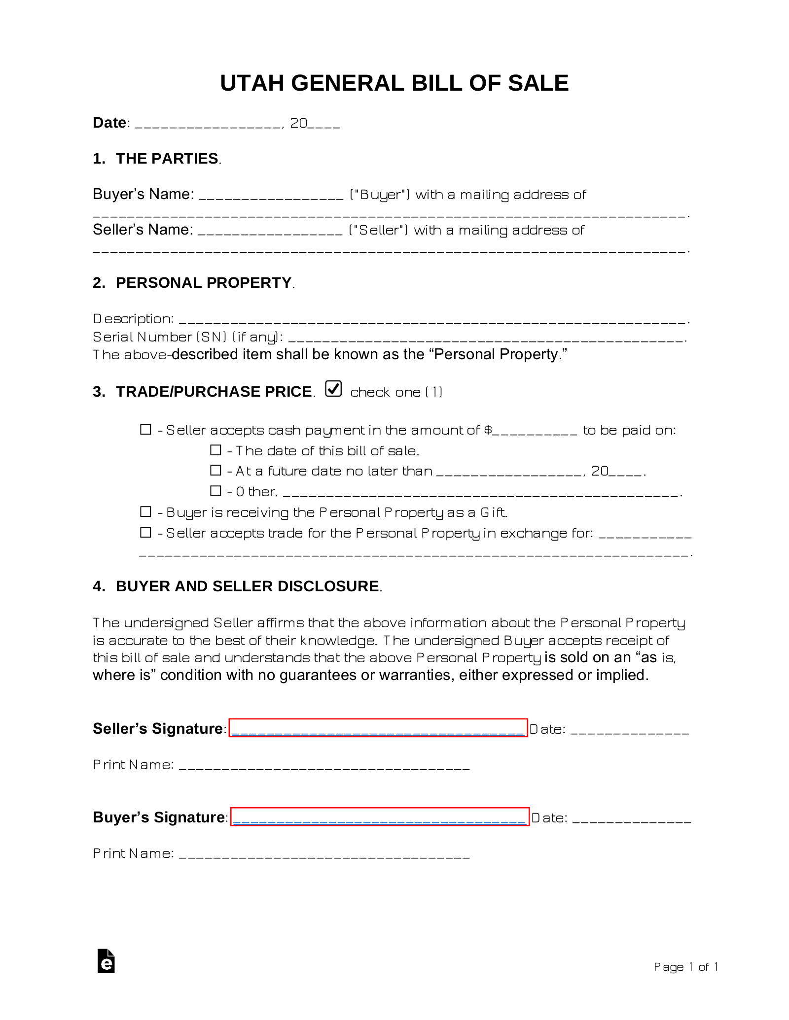 Free Utah General Bill of Sale Form PDF Word eForms