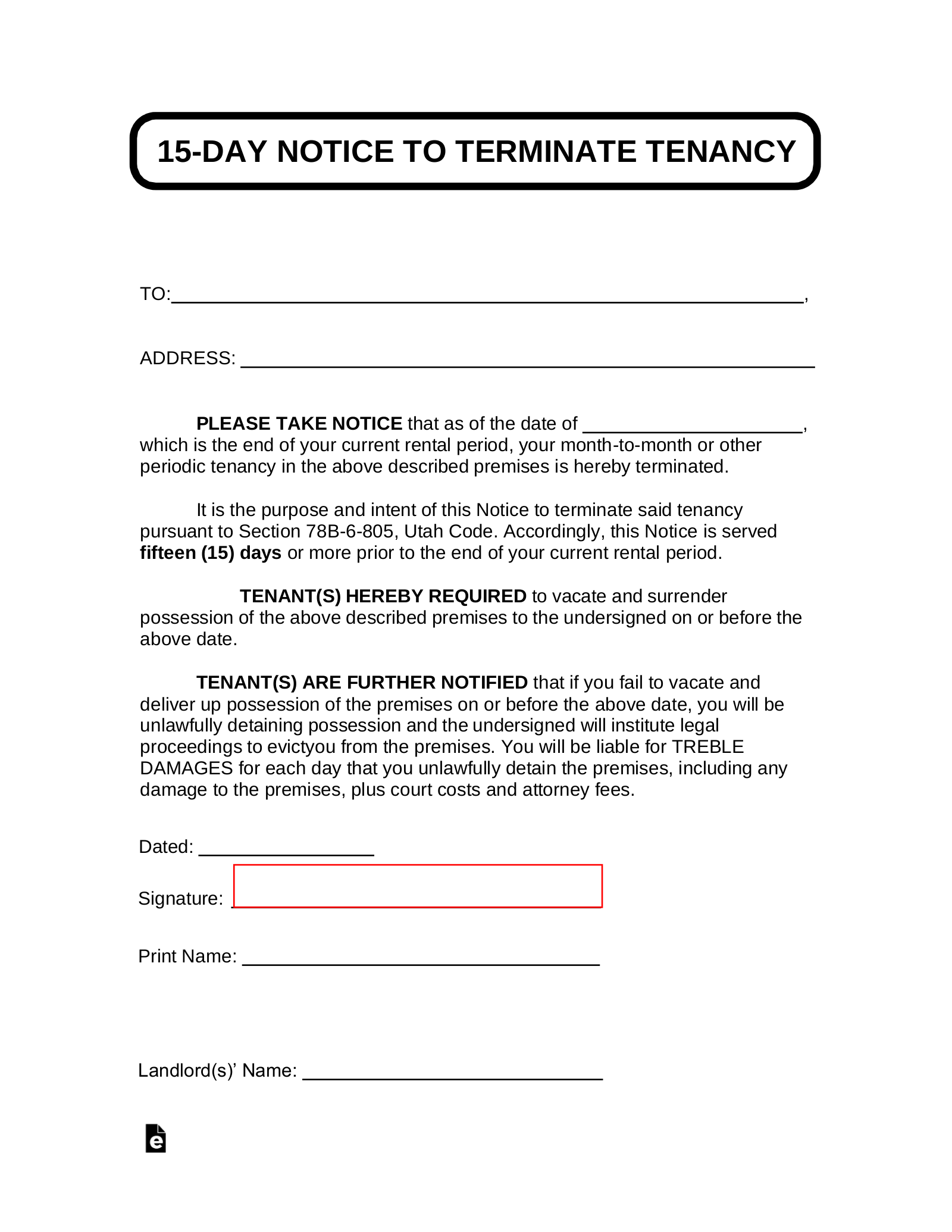 Utah Lease Termination Letter Form | 15-Day Notice