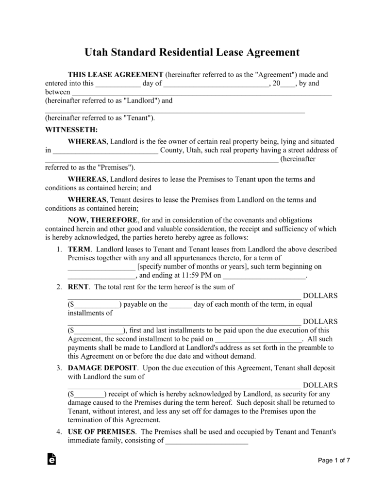 Free Utah Standard Residential Lease Agreement Template PDF Word EForms