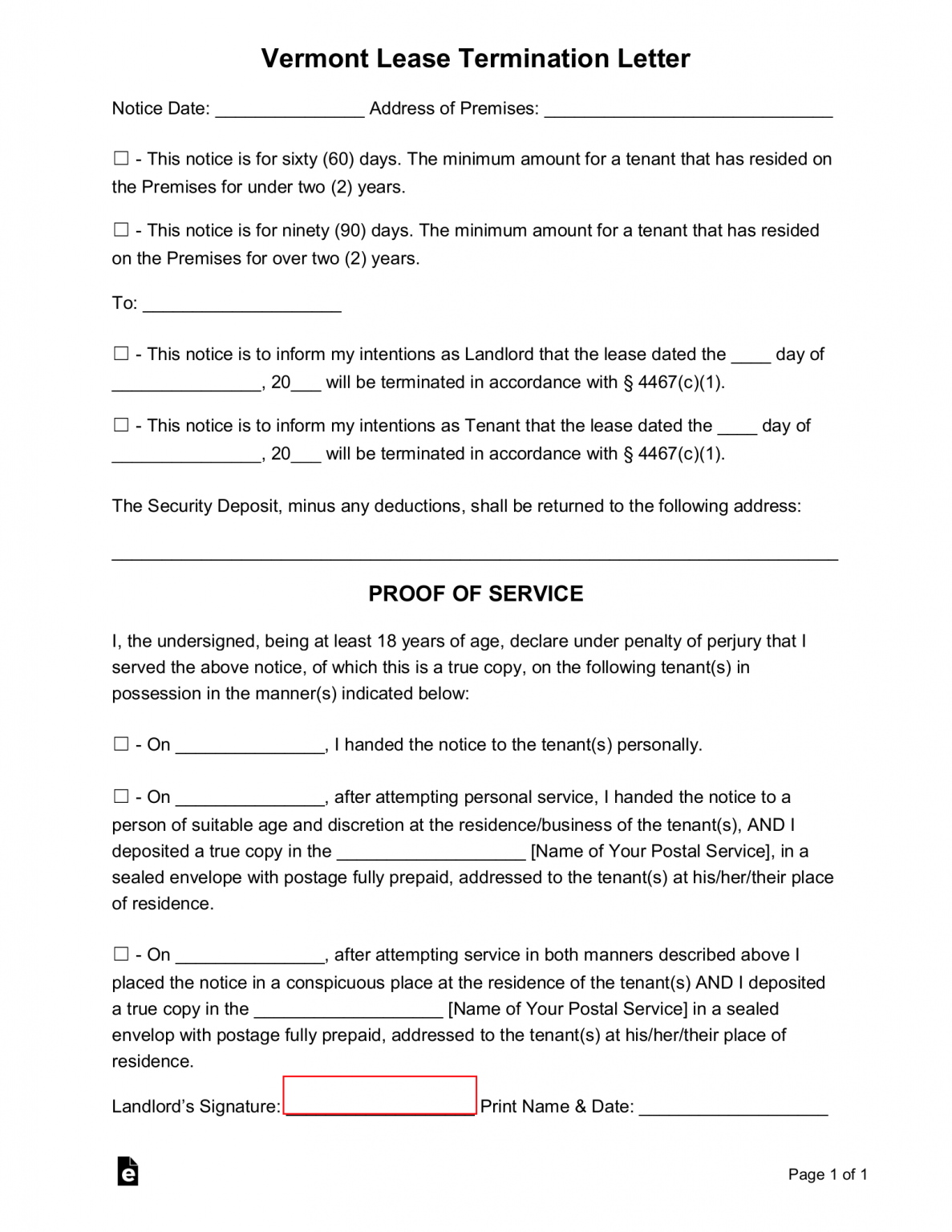 Free Vermont Lease Termination Letter Form | 60 or 90 Day Notice - PDF ...