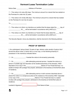 Vermont Lease Termination Letter Form | 60 or 90 Day Notice