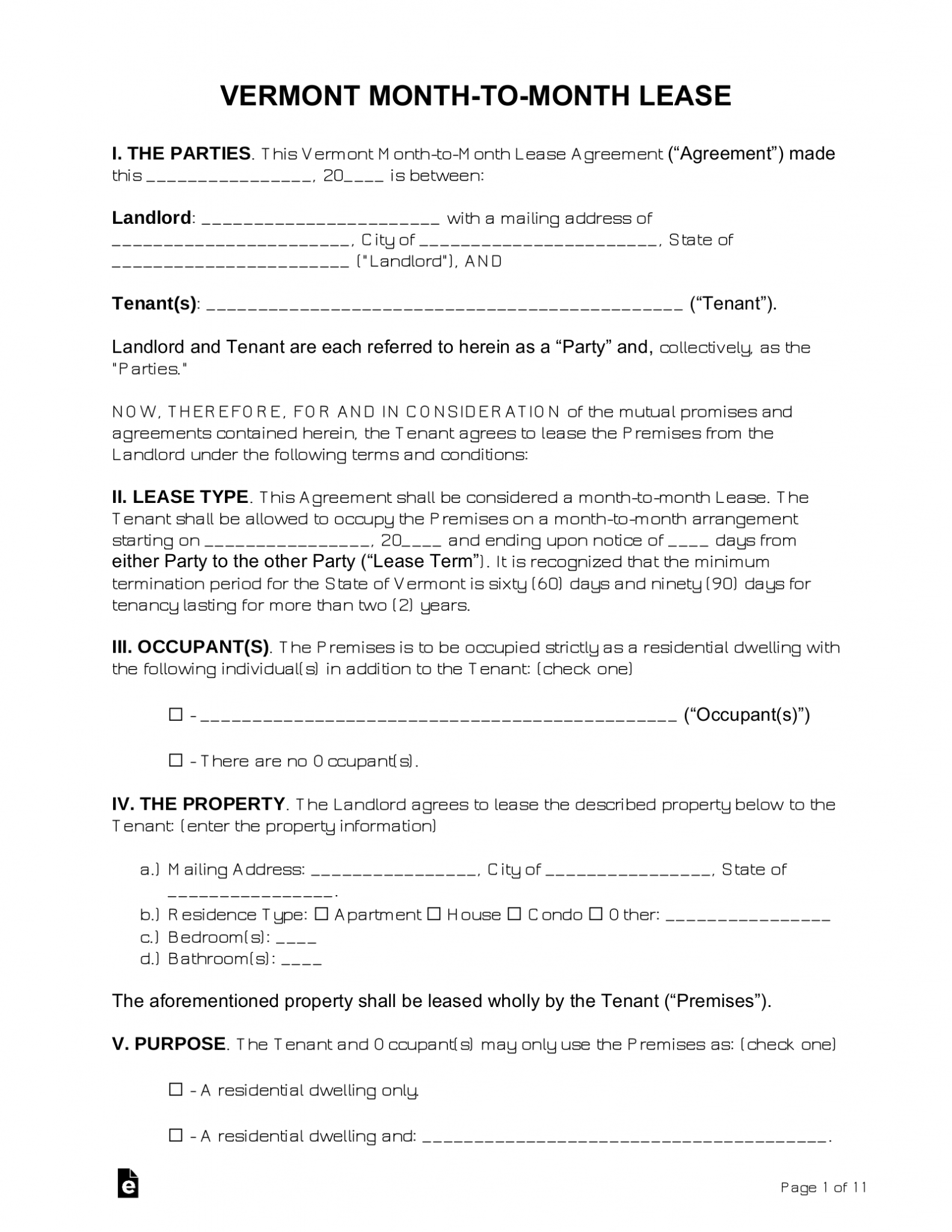 Free Vermont Month-to-Month Lease Agreement Template - PDF | Word – eForms